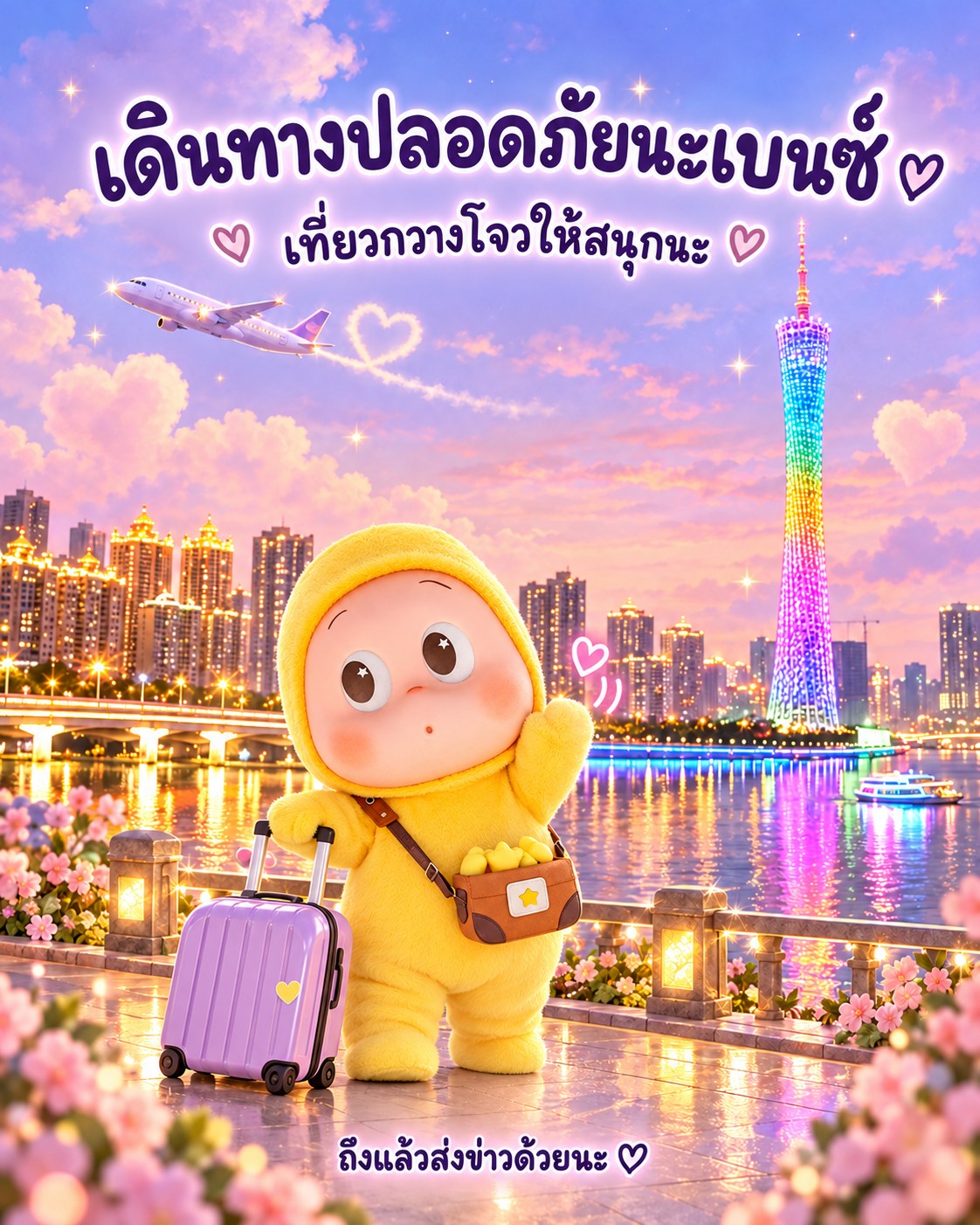 ตุ๊กตาชุดเหลืองสะพายกระเป๋าขนม ลากกระเป๋าเดินทางสีม่วง โบกมือลาริมแม่น้ำจูเจียง มีหอคอยกวางโจวและเครื่องบินบนฟ้า
